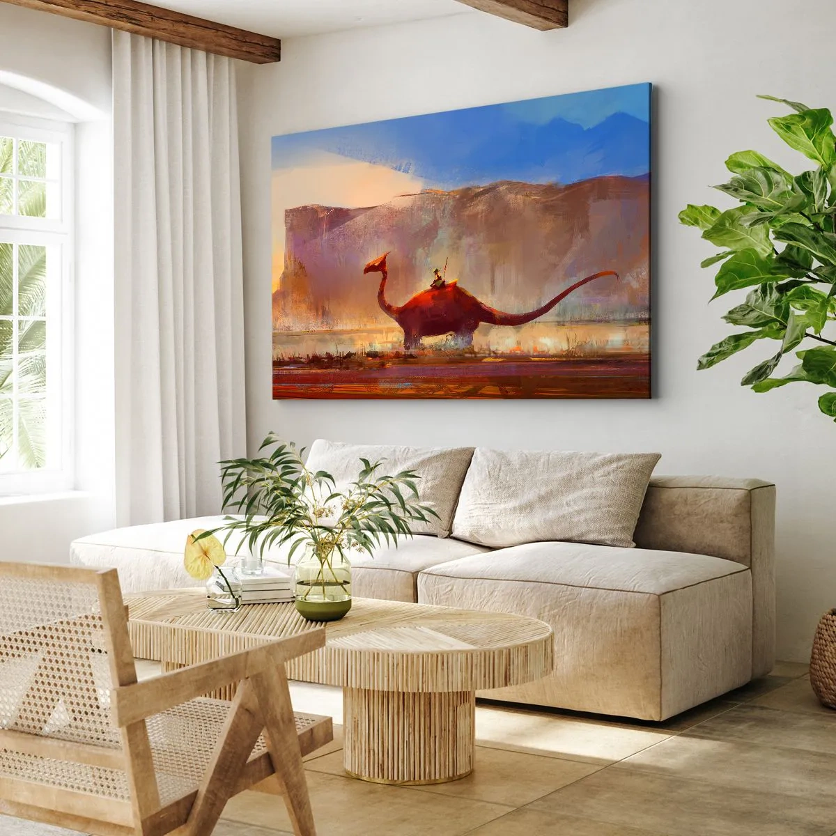 Tablou pe pânză Canvas - O scenă fantastică cu un călăreț pe o creatură preistorică - 70x50cm - Dacă nu ar fi dispărut - Decorațiune modernă pentru perete pentru living și dormitor ARTTOR
