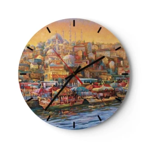 Ceas de perete - Ceas pe sticlă - O panoramă colorată a portului cu arhitectură orientală - 30x30cm - O poveste din Istanbul - Decorațiune modernă pentru perete pentru living, bucătărie și dormitor ARTTOR