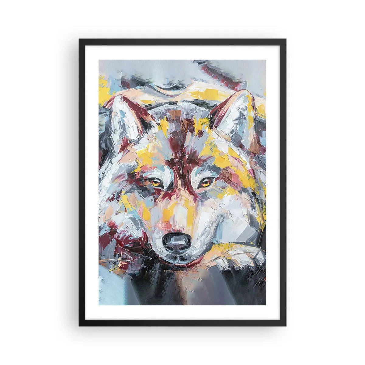 Poster în ramă neagră - Portret abstract al unui lup cu tușe colorate. - 50x70cm - Pace pentru cel drag - Decorațiune modernă pentru perete pentru living și dormitor ARTTOR