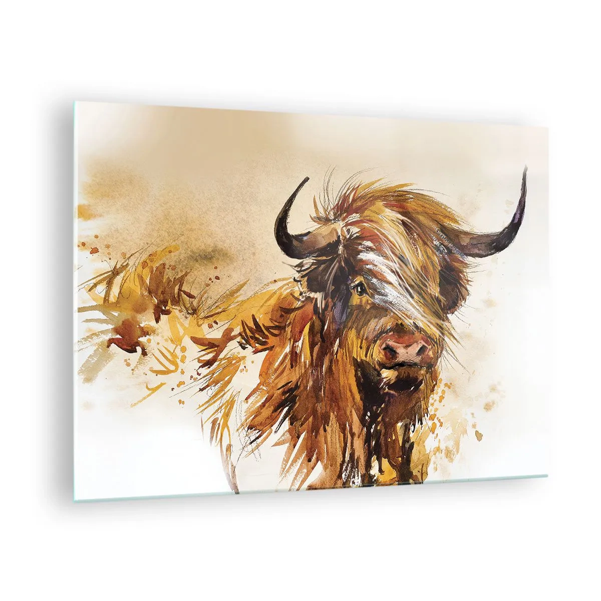 Tablou pe sticlă - Ilustrație în acuarelă a unui taur scoțian cu păr lung - 70x50cm - Mândria vânătorului - Decorațiune modernă pentru perete pentru living și dormitor ARTTOR