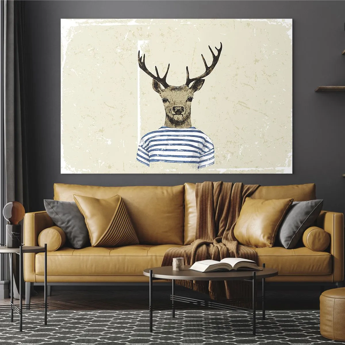 Tablou pe sticlă - Grafică a unui cerb într-o cămașă de marinar pe un fundal deschis la culoare - 70x50cm - Pentru că îmi plac cămășile cu dungi! - Decorațiune modernă pentru perete pentru living și dormitor ARTTOR