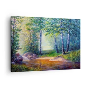 Tablou pe pânză Canvas - Un pârâu de pădure înconjurat de mesteceni și soare - 70x50cm - Cadru idilic - Decorațiune modernă pentru perete pentru living și dormitor ARTTOR