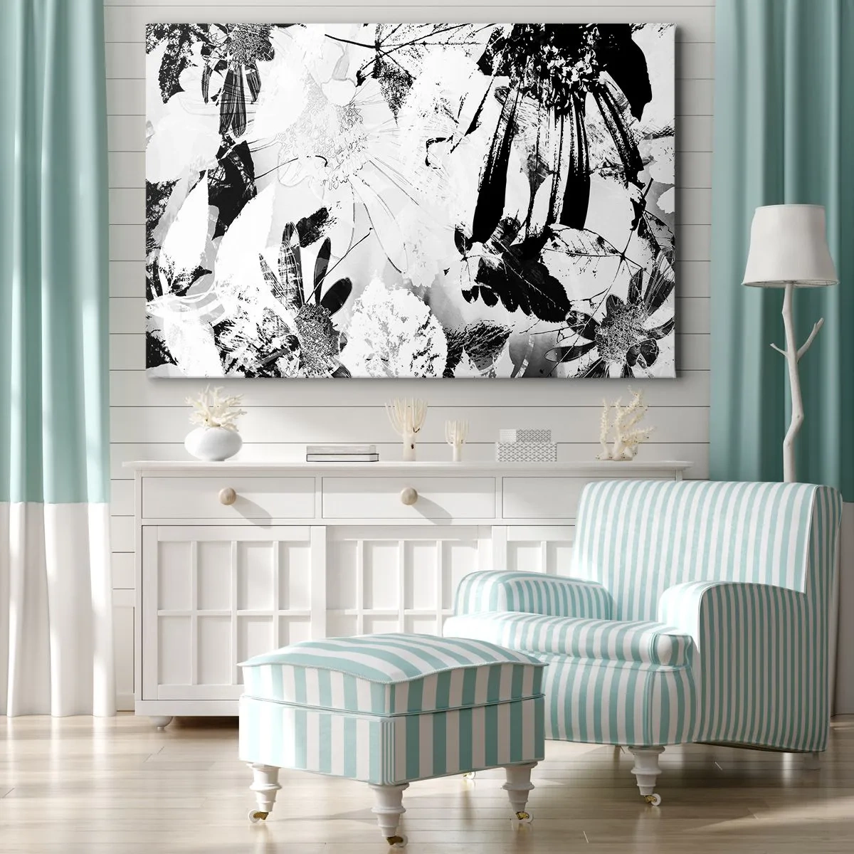 Tablou pe pânză Canvas - Flori abstracte alb-negru într-un stil minimalist - 70x50cm - Toamna în negativ - Decorațiune modernă pentru perete pentru living și dormitor ARTTOR