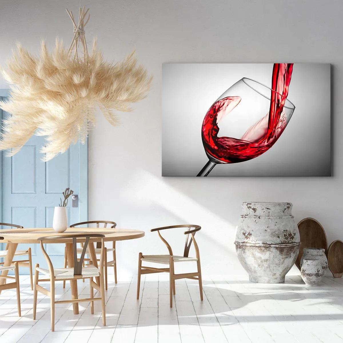 Tablou pe pânză Canvas - Un pahar de vin roșu turnat pe un fundal deschis la culoare - 70x50cm - Culoare - mișcare - sunet - Decorațiune modernă pentru perete pentru living și dormitor ARTTOR
