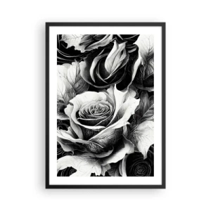 Poster în ramă neagră - O compoziție alb-negru de trandafiri cu clarobscur expresiv - 50x70cm - Mereu regina - Decorațiune modernă pentru perete pentru living și dormitor ARTTOR