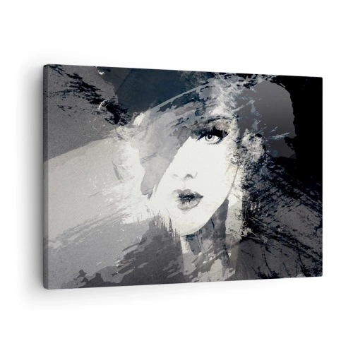 Tablou pe pânză Canvas - Un portret abstract al unei femei în nuanțe de gri cu accente delicate. - 70x50cm - Din spatele unui voal gri - Decorațiune modernă pentru perete pentru living și dormitor ARTTOR