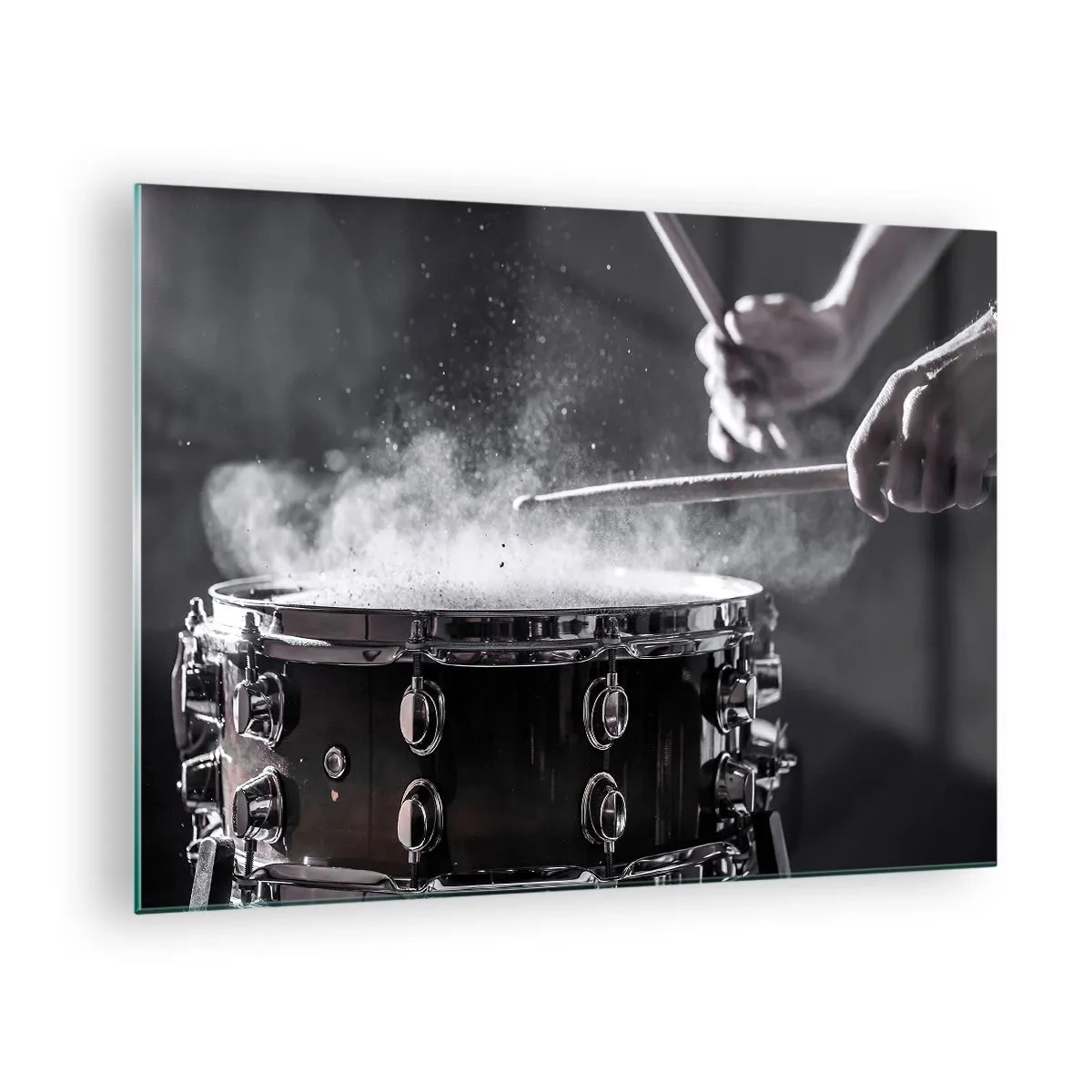 Tablou pe sticlă - Tobe în mișcare cu pulbere plutitoare - 70x50cm - Pulsul muzicii - Decorațiune modernă pentru perete pentru living și dormitor ARTTOR
