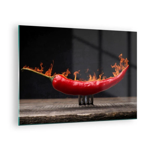 Tablou pe sticlă - Ardei iute roșu aprins pe fundal negru - 70x50cm - O gustare înflăcărată - Decorațiune modernă pentru perete pentru living și dormitor ARTTOR