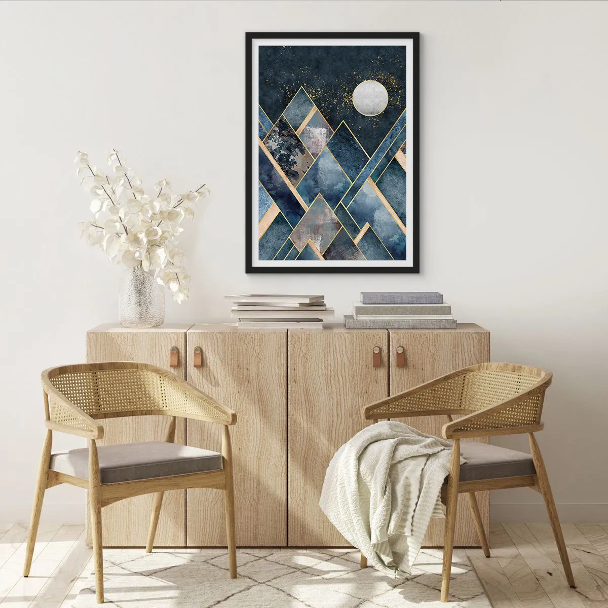 Poster în ramă neagră - Munți geometrici în nuanțe de albastru marin și auriu - 50x70cm - Peisaj geometric - Decorațiune modernă pentru perete pentru living și dormitor ARTTOR