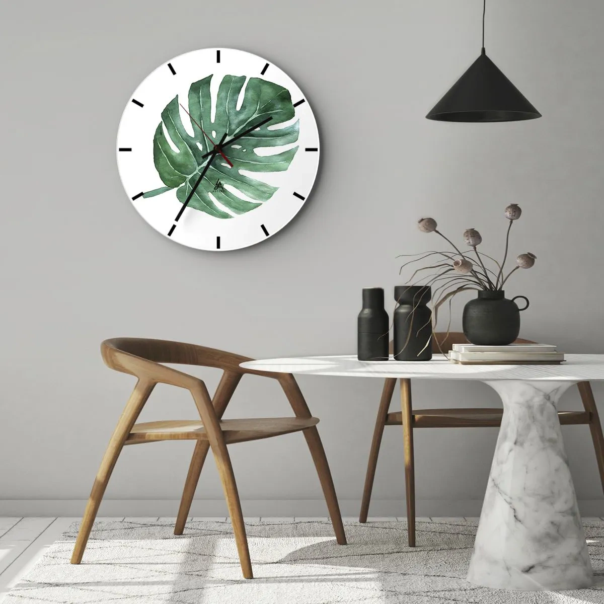 Ceas de perete - Ceas pe sticlă - Ilustrație în acuarelă a unei frunze de monstera - 30x30cm - Conceptul verde - Decorațiune modernă pentru perete pentru living, bucătărie și dormitor ARTTOR
