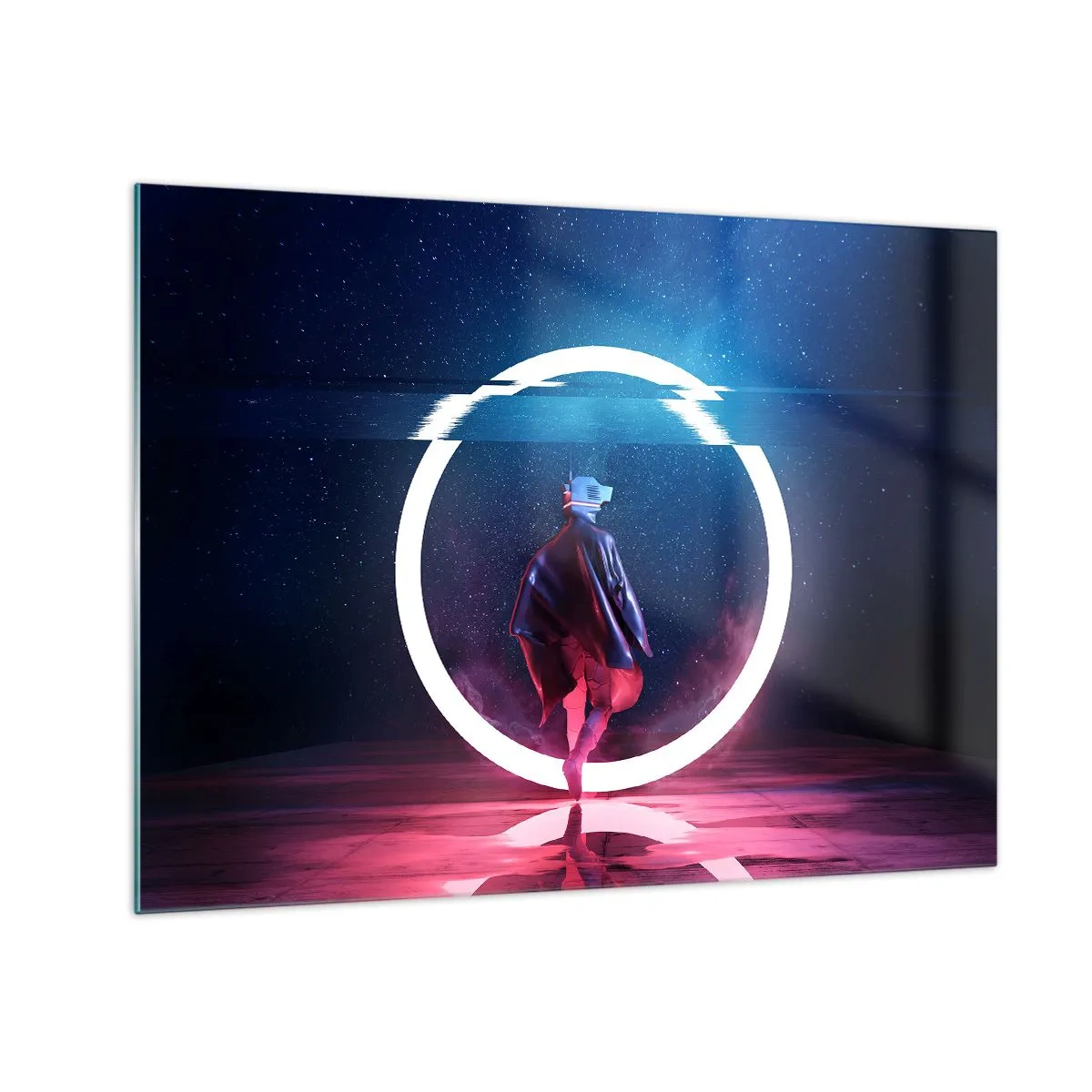 Tablou pe sticlă - O figură într-un decor futurist cu un inel neon - 70x50cm - Între lumi - Decorațiune modernă pentru perete pentru living și dormitor ARTTOR