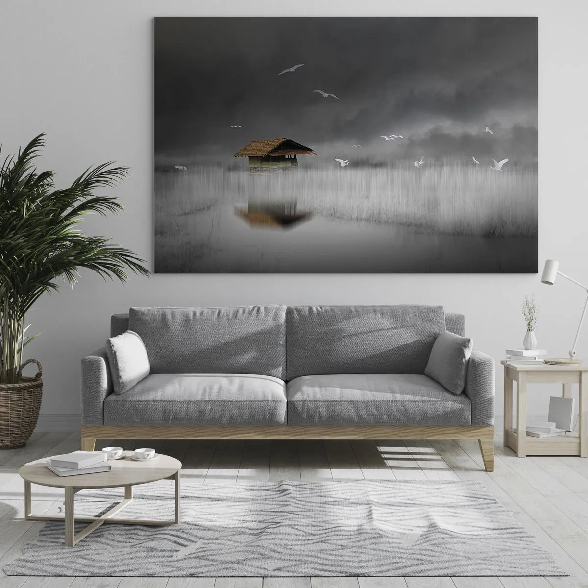 Tablou pe sticlă - O casă pe apă în ceață cu păsări în zbor - 70x50cm - Adăpost de ploaie - Decorațiune modernă pentru perete pentru living și dormitor ARTTOR