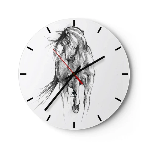 Ceas de perete - Ceas pe sticlă - O schiță în creion a unui cal în galop pe fundal alb. - 30x30cm - Într-un trap grațios - Decorațiune modernă pentru perete pentru living, bucătărie și dormitor ARTTOR