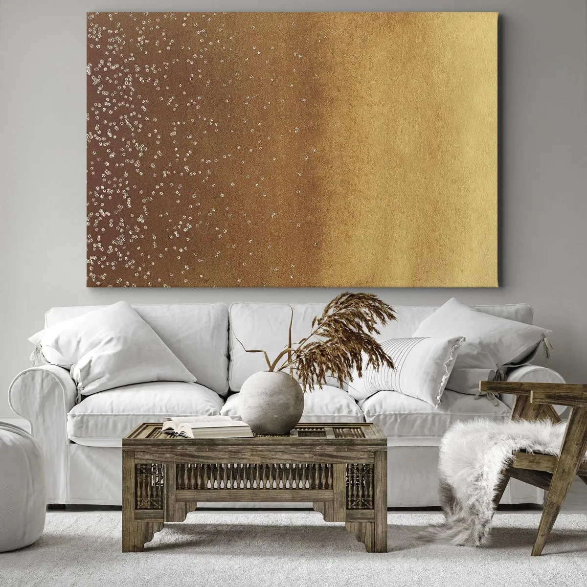 Tablou pe pânză Canvas - Un gradient auriu cu strălucire subtilă și ornamente - 70x50cm - Nașterea luminii - Decorațiune modernă pentru perete pentru living și dormitor ARTTOR