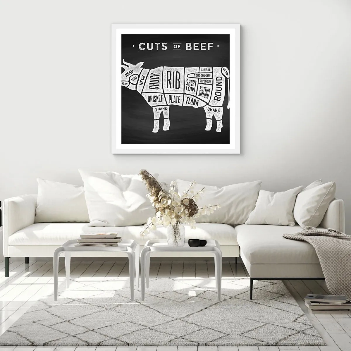 Poster în ramă albă - Abecedar de măcelar - 40x40 cm