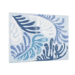 Tablou pe sticlă - Frunze decorative de ferigă în nuanțe de albastru pe un fundal deschis - 70x50cm - Ferigi albastre - Decorațiune modernă pentru perete pentru living și dormitor ARTTOR