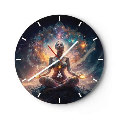 Ceas de perete - Ceas pe sticlă - O femeie în meditație, înconjurată de energie în culorile galaxiei. - 30x30cm - Flux de energie bună - Decorațiune modernă pentru perete pentru living, bucătărie și dormitor ARTTOR