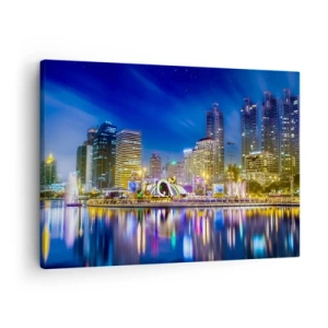 Tablou pe pânză Canvas - Panoramă nocturnă a orașului cu lumini reflectate pe apă - 70x50cm - Noaptea de curcubeu a metropolei - Decorațiune modernă pentru perete pentru living și dormitor ARTTOR