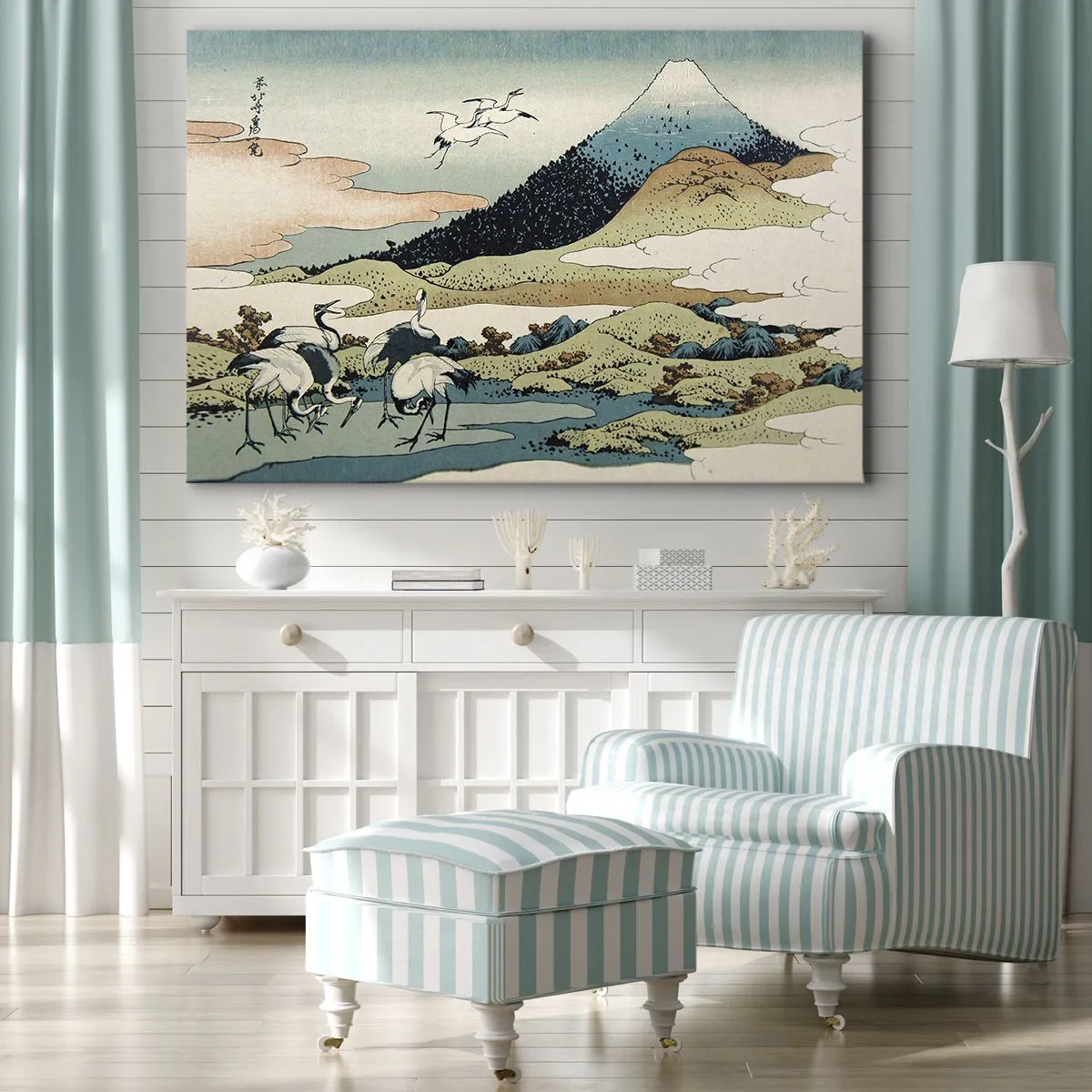 Tablou pe pânză Canvas - Grafică tradițională japoneză cu munți și macarale - 70x50cm - În mod japonez - Decorațiune modernă pentru perete pentru living și dormitor ARTTOR