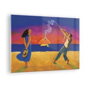 Tablou pe sticlă - Rezumat colorat al unui cuplu pe plajă la apus - 70x50cm - Mai mult decât o stea din cer - Decorațiune modernă pentru perete pentru living și dormitor ARTTOR