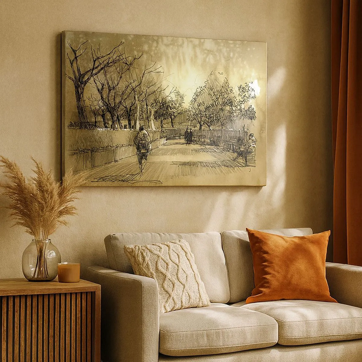 Tablou pe pânză Canvas - O scenă de desene animate cu un parc cu oameni care se plimbă în tonuri calde. - 70x50cm - Un moment reținut cu pene - Decorațiune modernă pentru perete pentru living și dormitor ARTTOR