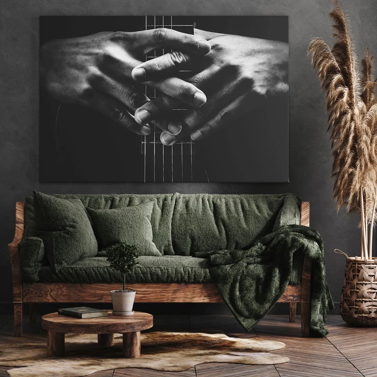 Tablou pe pânză Canvas - Mâini împreunate pe o chitară într-un ton monocromatic - 70x50cm - Rugăciunea artistului - Decorațiune modernă pentru perete pentru living și dormitor ARTTOR