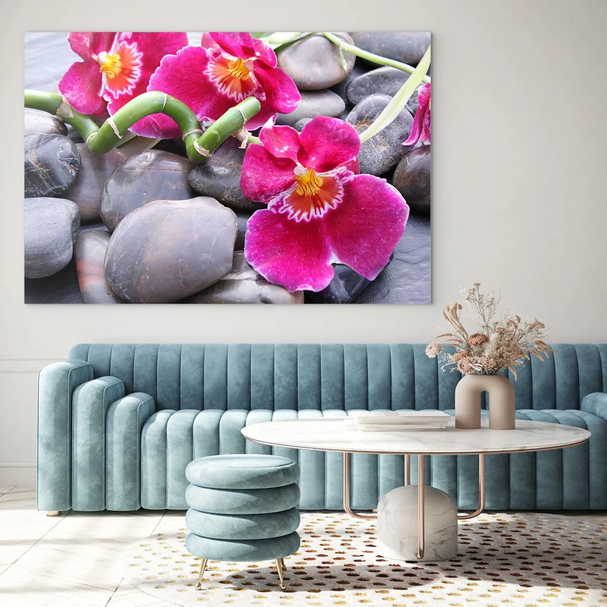 Tablou pe sticlă - Orhidee roz cu bambus pe pietre - 70x50cm - Frig și căldură - Decorațiune modernă pentru perete pentru living și dormitor ARTTOR