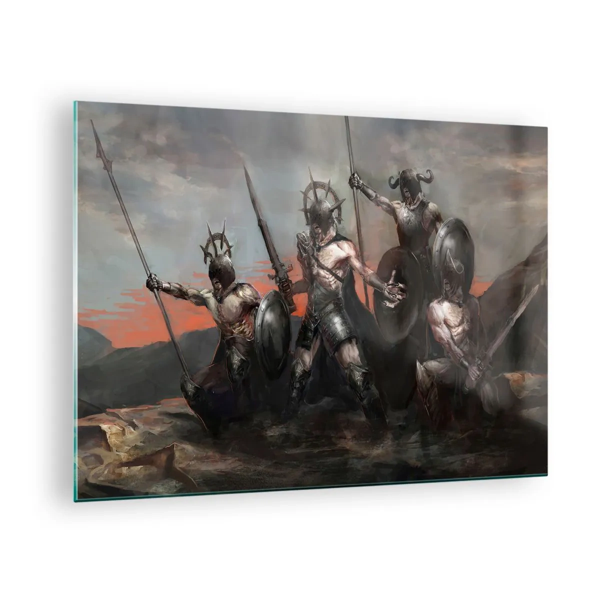 Tablou pe sticlă - Războinici cu sulițe și scuturi pe cerul roșu - 70x50cm - Cu scut sau fără scut - Decorațiune modernă pentru perete pentru living și dormitor ARTTOR