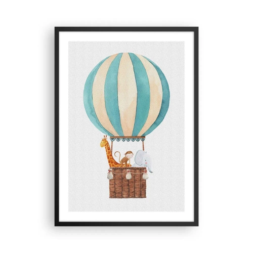 Poster în ramă neagră - Ilustrație în acuarelă a unui balon cu aer cald cu animale drăguțe - 50x70cm - O călătorie fantastică - Decorațiune modernă pentru perete pentru living și dormitor ARTTOR