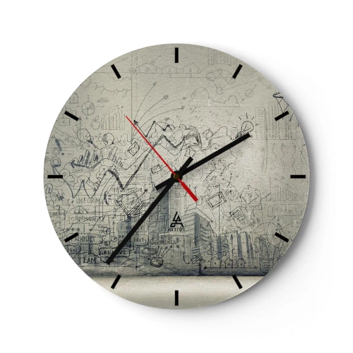 Ceas de perete - Ceas pe sticlă - Schiță conceptuală cu teme de afaceri pe un fundal deschis - 30x30cm - Minunata mea viață de oraș - Decorațiune modernă pentru perete pentru living, bucătărie și dormitor ARTTOR