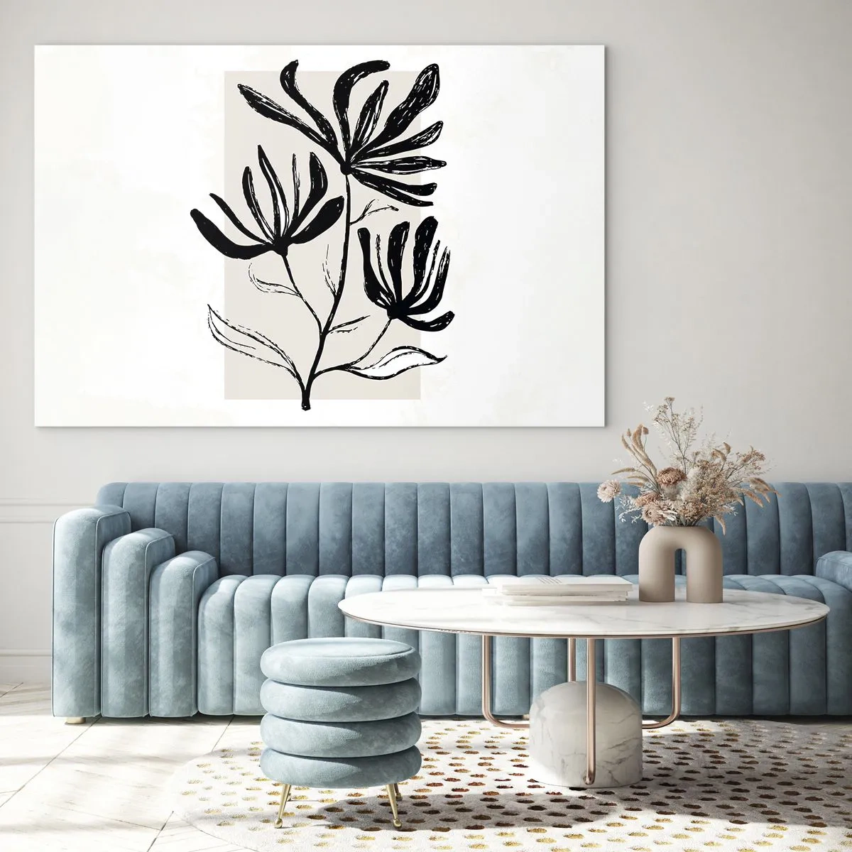 Tablou pe sticlă - Schiță neagră a unei plante pe un fundal deschis - 70x50cm - Schiță pentru ierbar - Decorațiune modernă pentru perete pentru living și dormitor ARTTOR