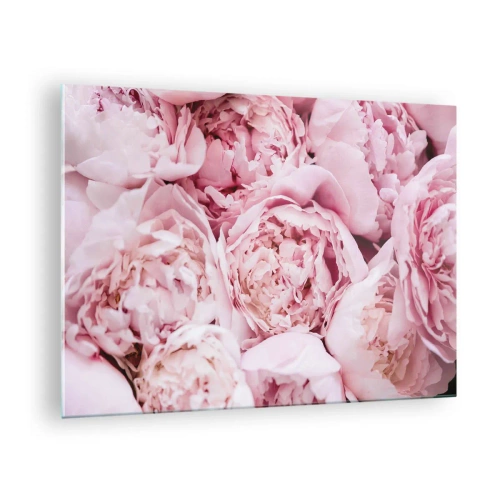 Tablou pe sticlă - Prim-plan al unui buchet de bujori roz deschis - 70x50cm - Îmbrățișate și parfumate - Decorațiune modernă pentru perete pentru living și dormitor ARTTOR