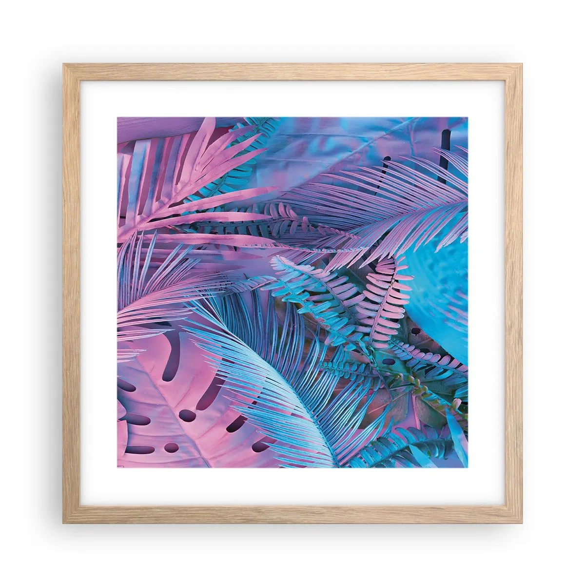 Poster în ramă de stejar deschis - Palmieri în alb și albastru - 40x40 cm