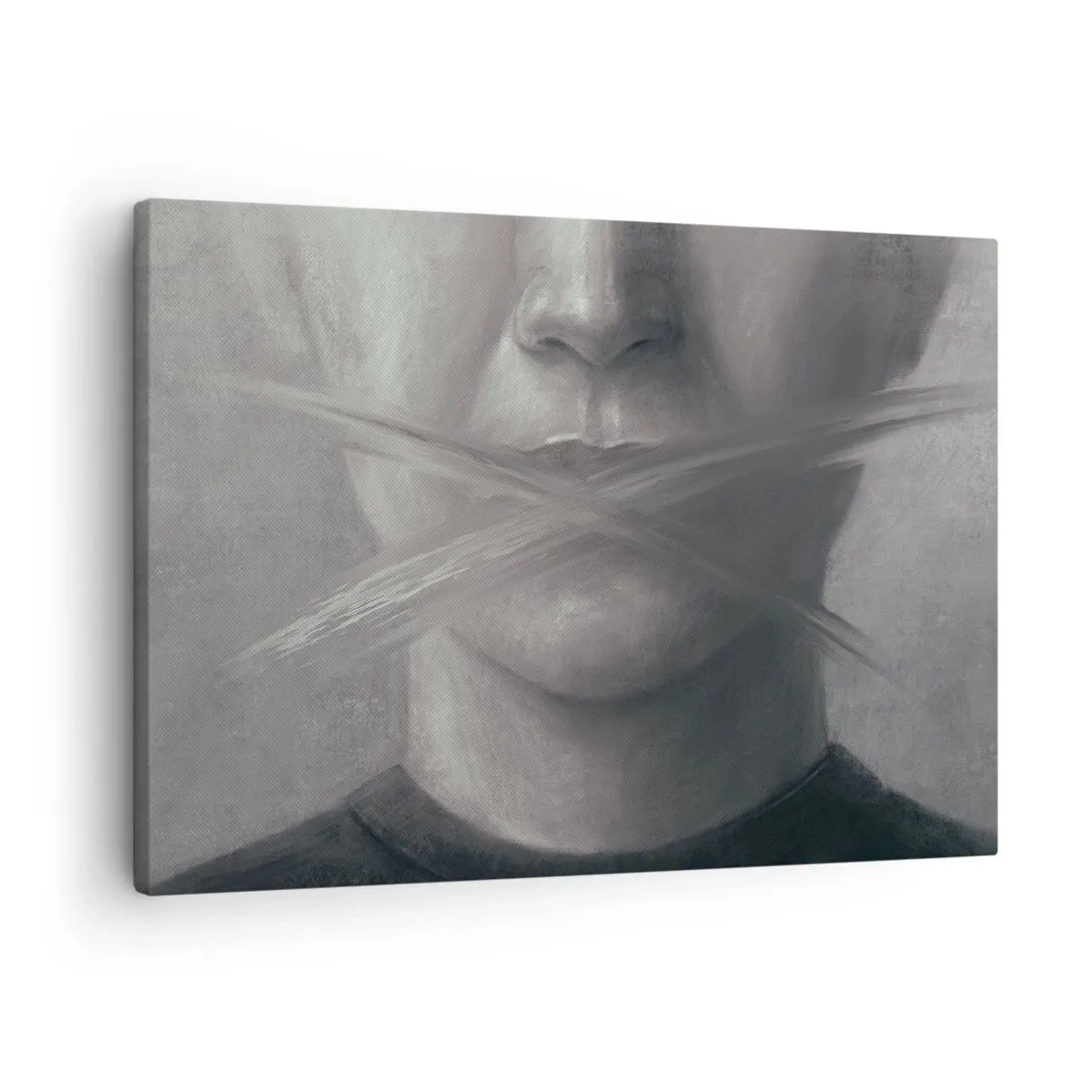 Tablou pe pânză Canvas - Un portret simbolic cu buze neclare în tonuri de gri. - 70x50cm - Nici un cuvânt - Decorațiune modernă pentru perete pentru living și dormitor ARTTOR
