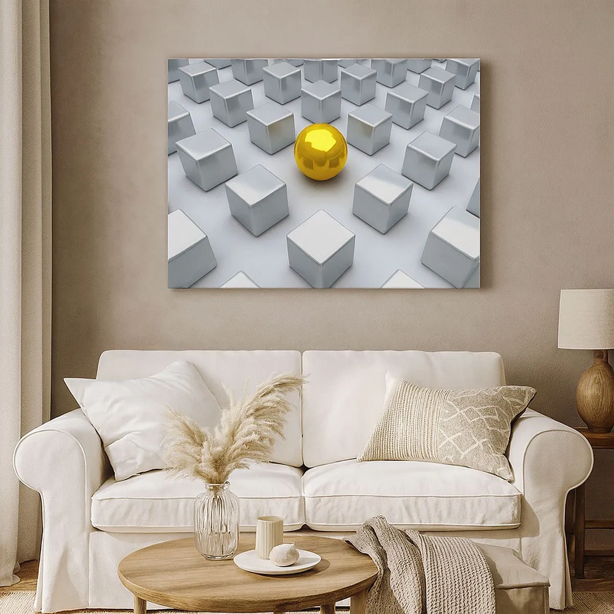Tablou pe pânză Canvas - O sferă aurie iese în evidență printre cuburile de argint - 70x50cm - De ce eu? Compoziție geometrică - Decorațiune modernă pentru perete pentru living și dormitor ARTTOR