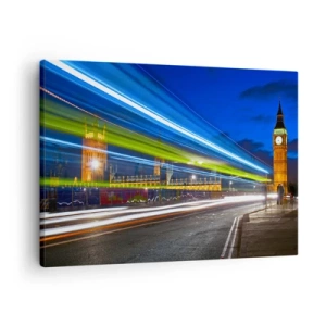Tablou pe pânză Canvas - Big Ben noaptea cu efectul luminilor în traficul stradal - 70x50cm - Sub ochiul lui Big Ben - Decorațiune modernă pentru perete pentru living și dormitor ARTTOR