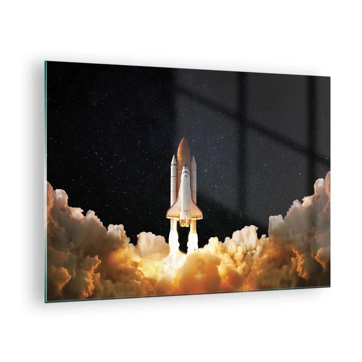 Tablou pe sticlă - O navetă spațială decolează pe un cer înstelat - 70x50cm - Ad astra! - Decorațiune modernă pentru perete pentru living și dormitor ARTTOR