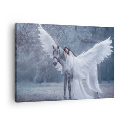Tablou pe pânză Canvas - O femeie pe un cal alb cu aripi într-o pădure magică - 70x50cm - Moment inspirat - Decorațiune modernă pentru perete pentru living și dormitor ARTTOR