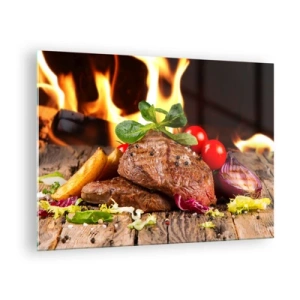 Tablou pe sticlă - Friptură la grătar cu legume pe fundalul flăcărilor - 70x50cm - Înconjurată de ardoare - Decorațiune modernă pentru perete pentru living și dormitor ARTTOR