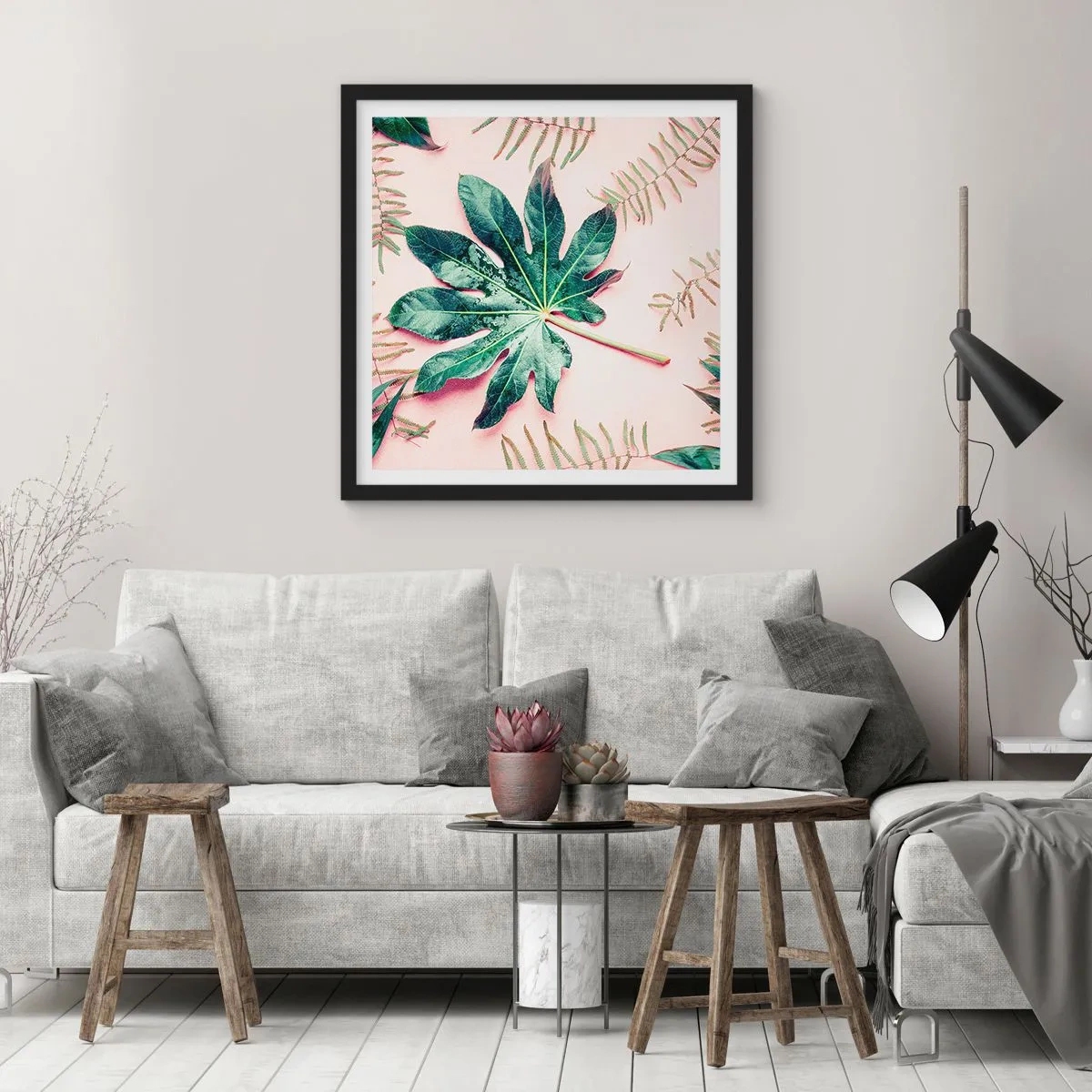 Poster în ramă neagră - Studiu de verdeață pe un fundal roz - 60x60 cm