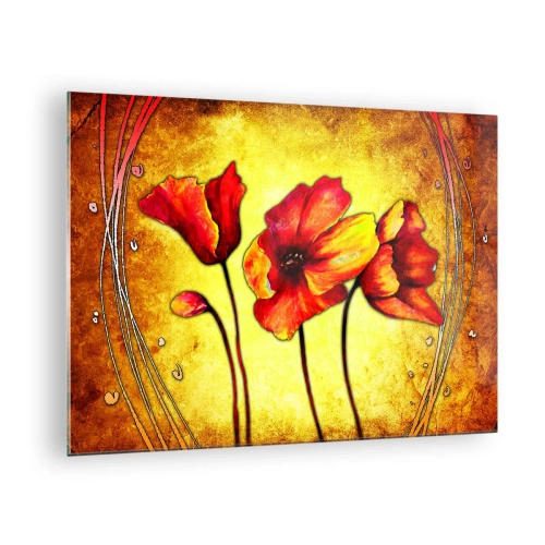 Tablou pe sticlă - Maci roșii pe un fundal de nuanțe aurii cu detalii artistice - 70x50cm - În stilul Art Nouveau - Decorațiune modernă pentru perete pentru living și dormitor ARTTOR