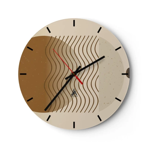 Ceas de perete - Ceas pe sticlă - Cercuri abstracte în nuanțe de roșu și albastru pe fundal negru - 30x30cm - Despre originea figurilor geometrice - Decorațiune modernă pentru perete pentru living, bucătărie și dormitor ARTTOR