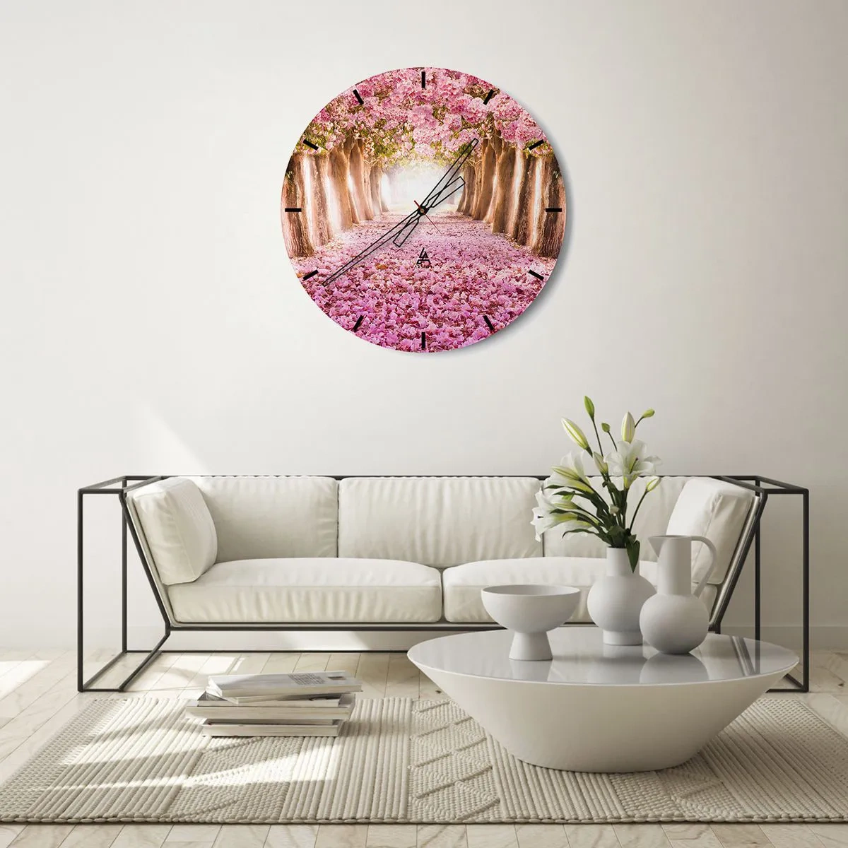 Ceas de perete - Ceas pe sticlă - O alee de cireși înfloriți - 30x30cm - Drumul spre paradis - Decorațiune modernă pentru perete pentru living, bucătărie și dormitor ARTTOR