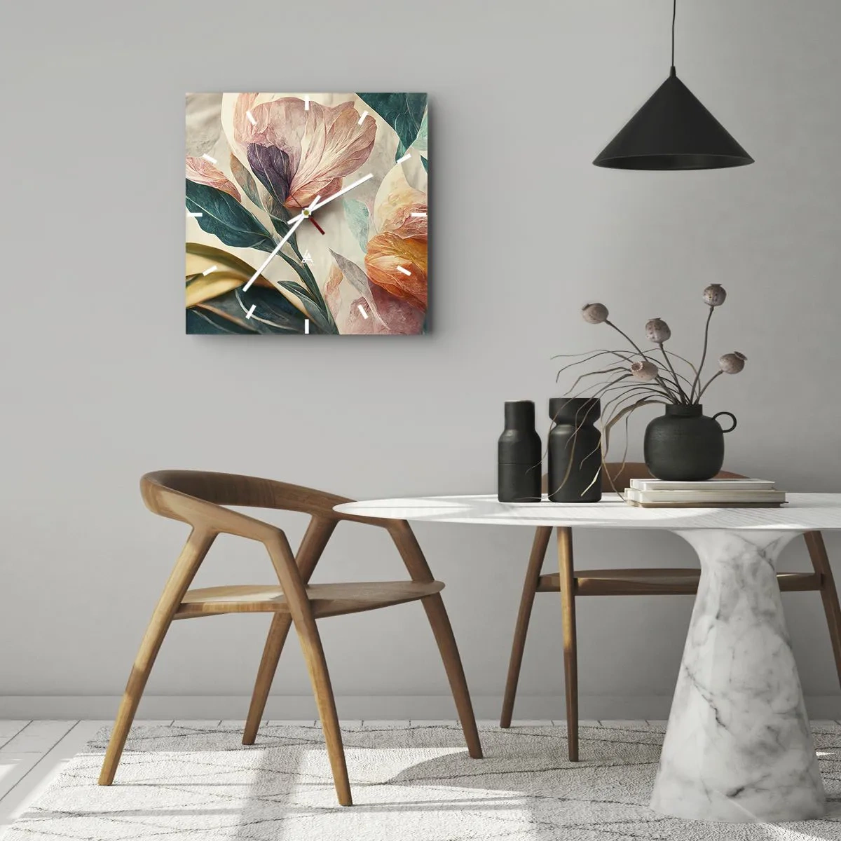 Ceas de perete - Ceas pe sticlă - Flori din insulele sudice - 30x30 cm
