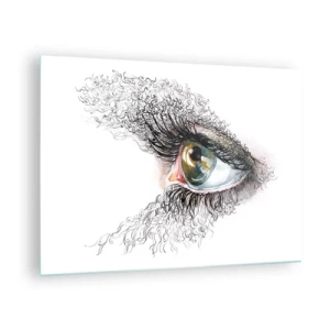 Tablou pe sticlă - Un ochi auriu înconjurat de linii dinamice și detalii abstracte - 70x50cm - Privește direct în suflet - Decorațiune modernă pentru perete pentru living și dormitor ARTTOR