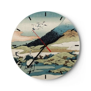 Ceas de perete - Ceas pe sticlă - Scenă japoneză cu păsări pe fundalul unui peisaj montan - 30x30cm - În mod japonez - Decorațiune modernă pentru perete pentru living, bucătărie și dormitor ARTTOR