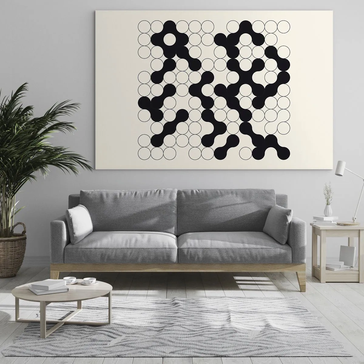 Tablou pe sticlă - Un mozaic grafic alb-negru compus din puncte conectate. - 70x50cm - Joc chinezesc - o variație - Decorațiune modernă pentru perete pentru living și dormitor ARTTOR