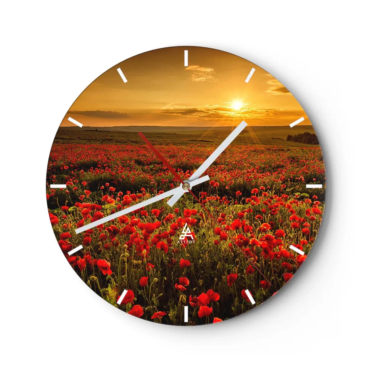 Ceas de perete - Ceas pe sticlă - Un câmp de maci roșii la apus - 30x30cm - Printre valuri de pajiști care zumzăie, printre potop de flori - Decorațiune modernă pentru perete pentru living, bucătărie și dormitor ARTTOR
