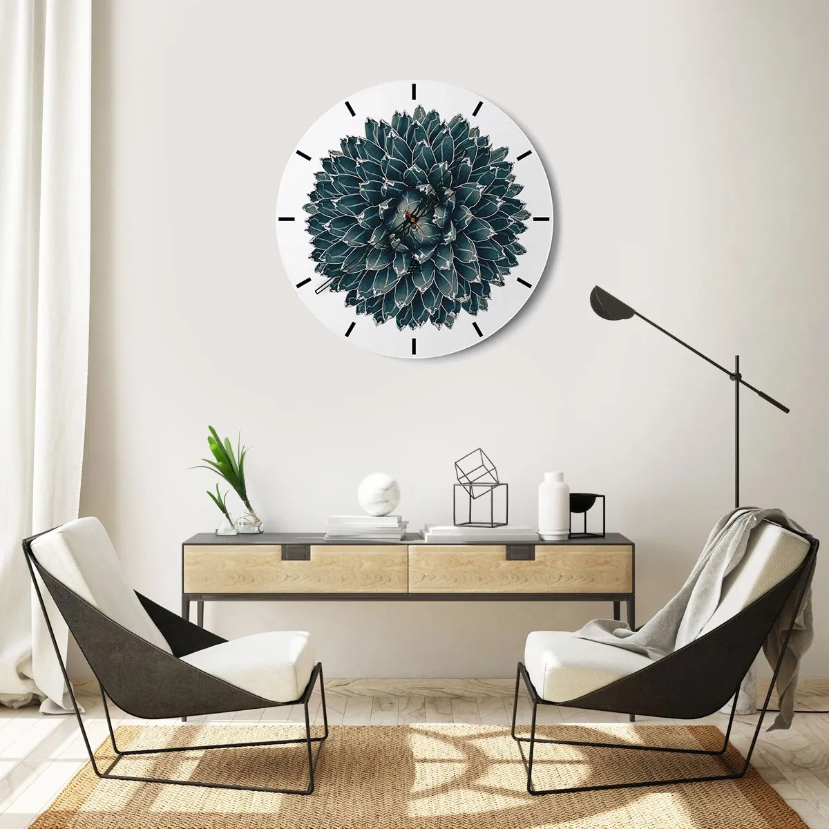 Ceas de perete - Ceas pe sticlă - Rozetă suculentă simetrică în nuanțe de verde - 30x30cm - Steaua deșertului - Decorațiune modernă pentru perete pentru living, bucătărie și dormitor ARTTOR