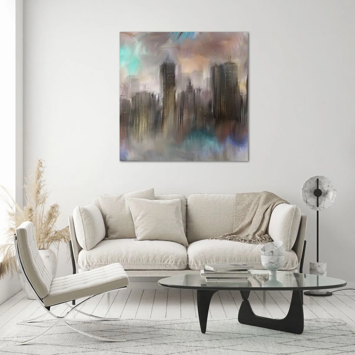 Tablou pe sticlă - O compoziție de oțel, piatră și ceață - 40x40 cm